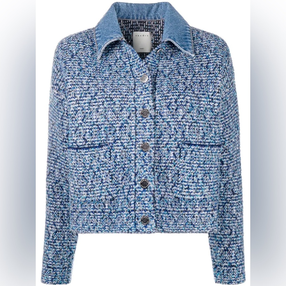 Sandro Jeny Denim Collar Cropped Tweed Jacket